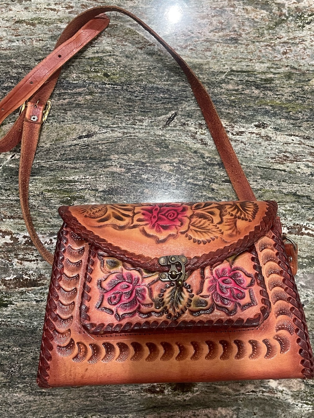 Mexican Hand-Tooled Leather Floral Crossbody Bag in Tan and Pink